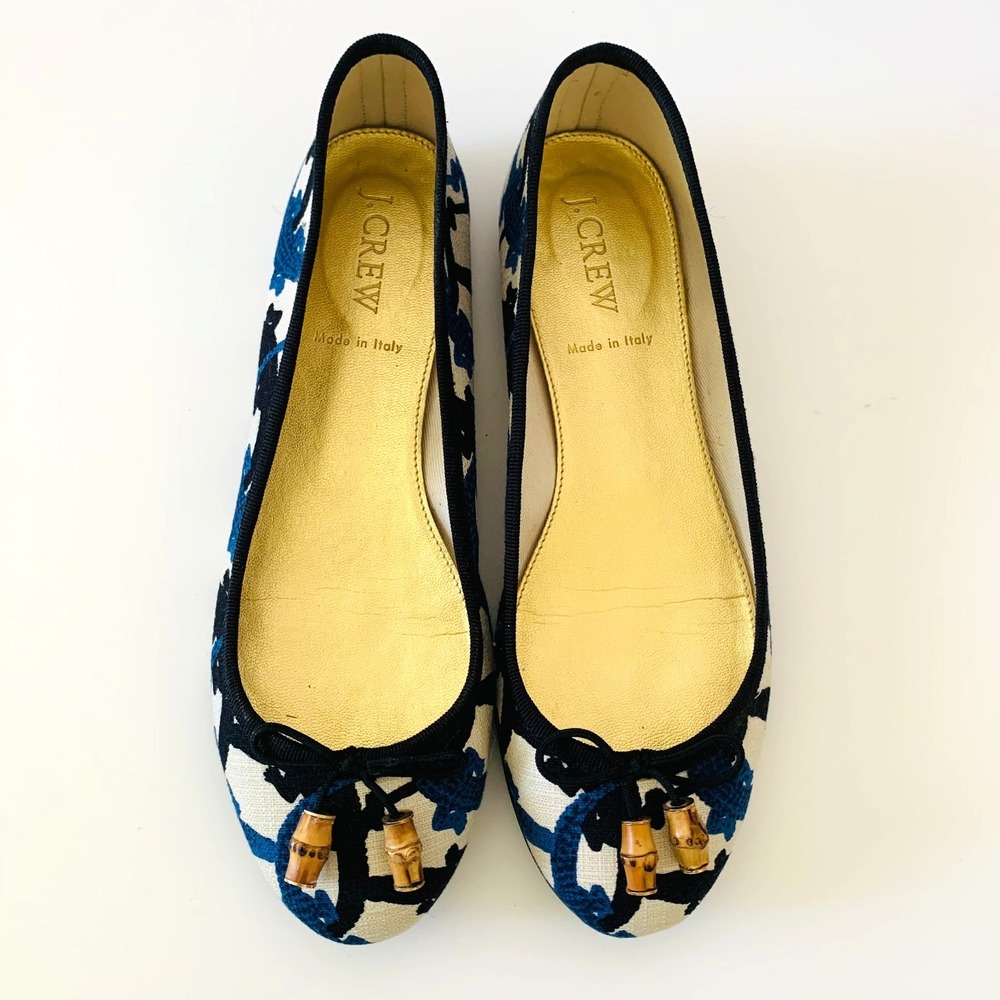 J Crew Croc Alligator Printed Ballet Flats Shoes 6 Bamboo Bow Navy Blue Ivory